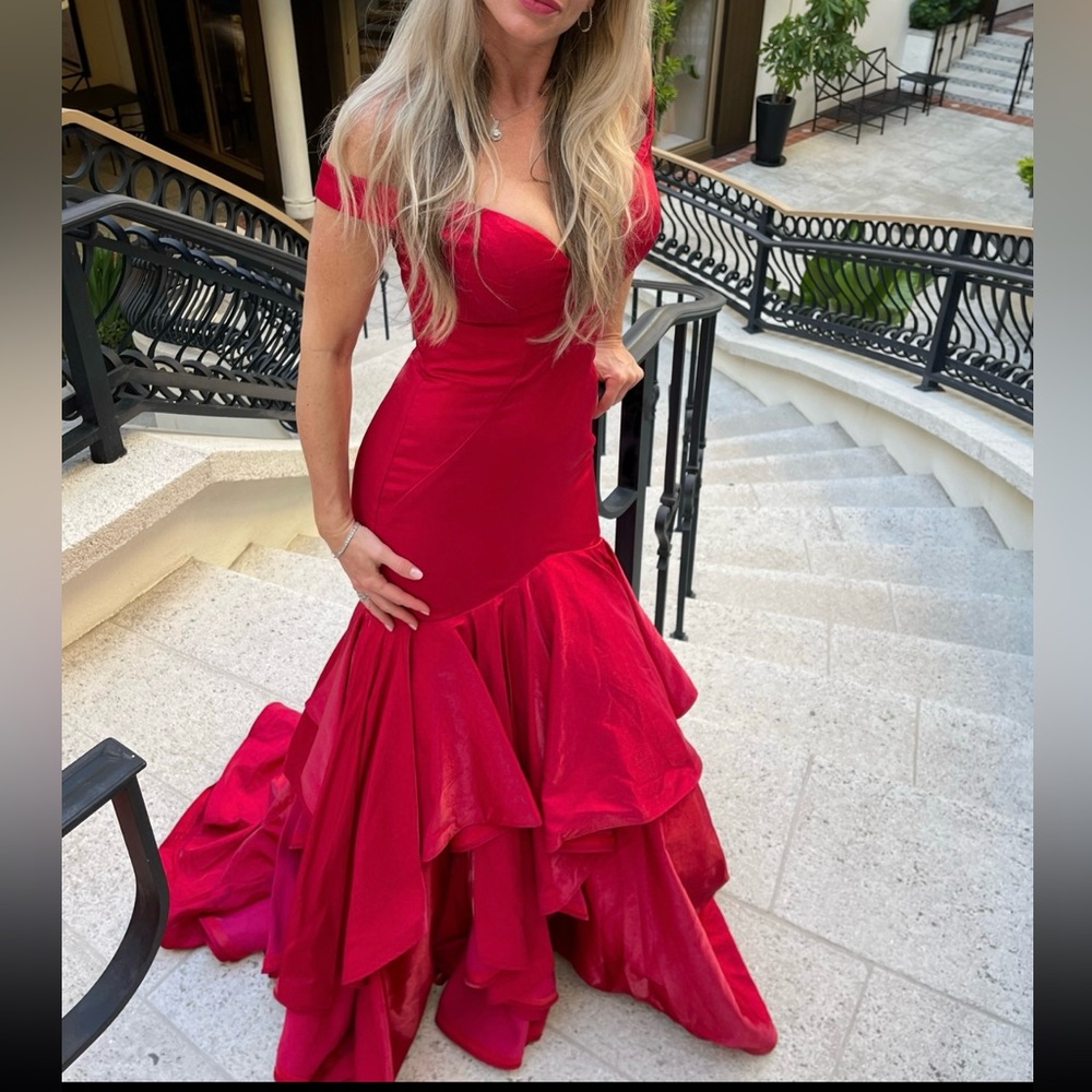 2 Cute Red Ruffled Tiered Pageant Prom Gala Wedding Gown - Picture 3 of 8